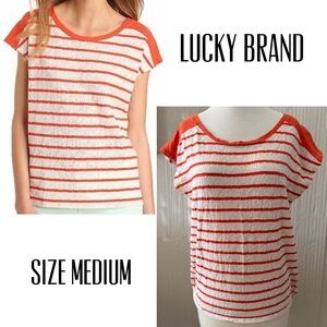 Lucky Brand Orange & White Seanna Striped Lace Dolman Top Size Medium